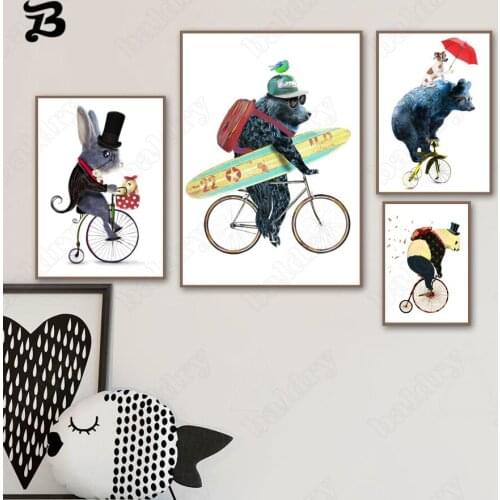 Canvas Painting for Living Room Animals Riding Bicycles Funny Bear Panda Dog Wall Art Posters and Prints Wall Picture Home Decor