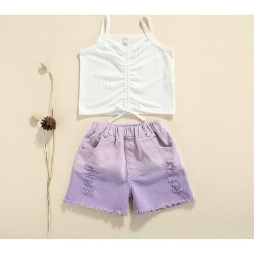 18M-6Years Summer Toddler Childrens Sets Baby Girls Solid Sleeveless Tanks With Drawstring + Purple Gradient Color Denim Shorts