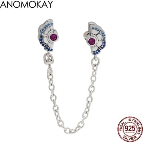Anomokay Trendy Blue & Pink Crystal Fan Clasp 925 Silver Safety Chain for DIY Bracelets & Bangles