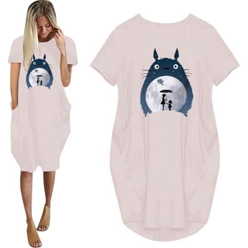 Fashion funny Totoro Print Women Summer Short Sleeve Dress With Pocket Ladies Fashion O Neck Tops Female T Shirt Dress
