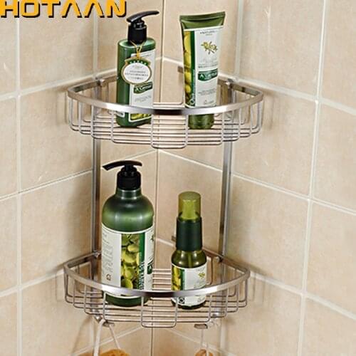 Wall Mounted Dual Tier 304 Stainless Steel Triangular Shower Caddy Shelf Bathroom Corner Rack Storage Stock Holder Basket Hanger