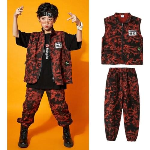 Boys Street Dance Hip Hop Clothes For Kids Handsome Red Tie Dyed Vest Pants Tops Hiphop Dance Outfits Girls Jazz Costume BL6041