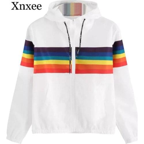 Gym Coat Womens Sweatshirt Hoodies Sports Long Sleeve Rainbow Patchwork O Neck Sweatshirt Hooded Overcoat Blouse white student