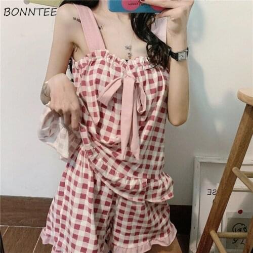 Pajama Sets Women M-3XL Plaid Sleeveless Ruffles Ins Cute Korean Kawaii Soft New Breathable Summer Stylish Tee Leisure College