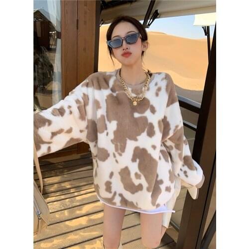 Casual Winter Graphic Hoodie Ladies Clothes Top Flannel Pattern Leopard Print Long Sleeve O-Neck Retro Pullover Sweatshirt