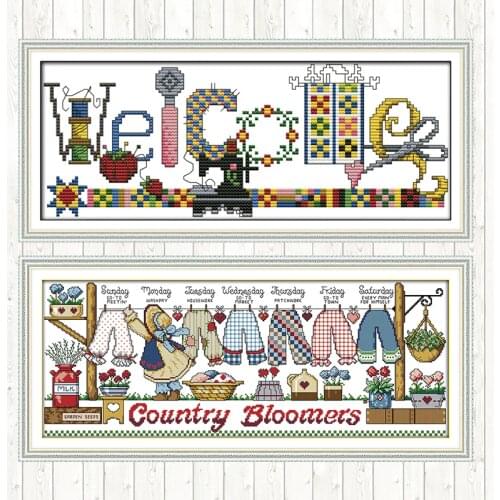 Sewing Machine Welcome Card Stamped Cross Stitch Kits 14ct 11ct Counted Print on Canvas DMC DIY Needlework Set Embroidery Thread