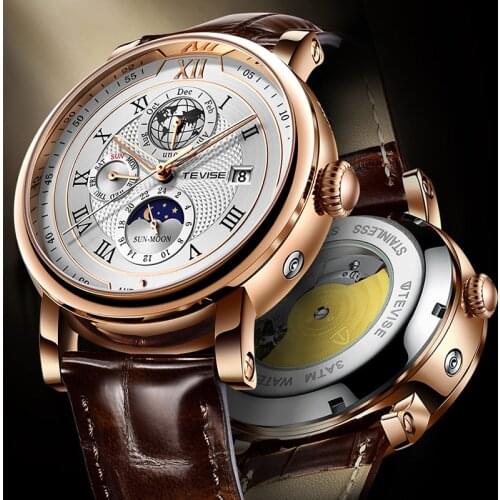 TEVISE Business Mens Watches Luxury Tourbillon Automatic Mechanical Watch Men Fashion Leather Waterproof Moon Phase Date Clock