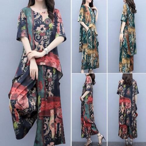80% HOT SALES！！！Retro Floral Short Sleeve Round Neck Loose Fit T-shirt Blouse Wide Leg Pants Set