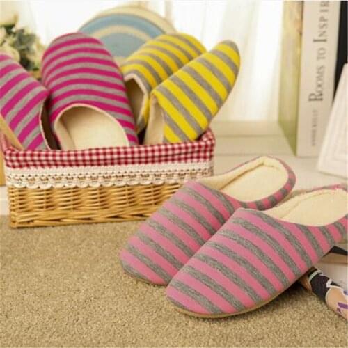 Women Striped Indoor Slippers Unisex Women House Shoes Non-Slip Warm Autumn Winter Cotton Soft Plush Floor Slippers