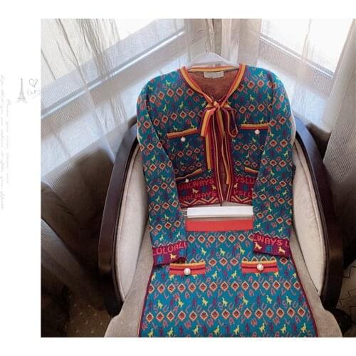 High Quality Runway Euro Style Spring Autumn Skirt Suits Women Cardigan Bows Tops Blouses and Slim Paryt Skirts Suits NZ124