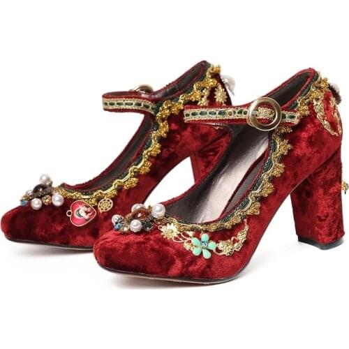 Womens Retro Pearls Rhinestones Gold Embroidered Floral Court Block High Heel Ankel Belt Buckle Wedding Bridal Shoes Plus Size