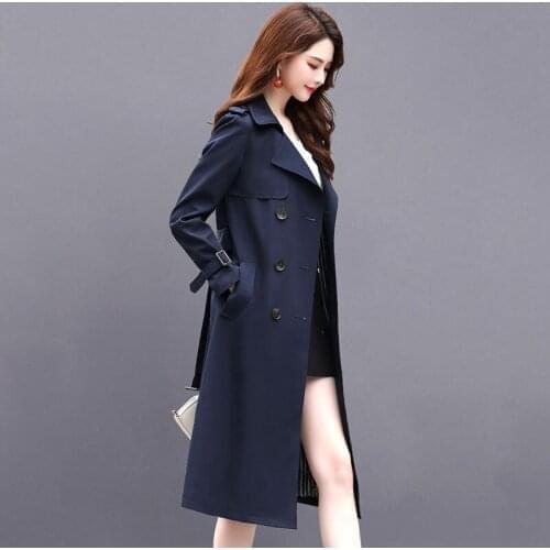 New Autumn Winter Women Turn-Down Collar Double Breasted Trench Office Lady Windbreaker Long Trench With Belt Outerwear