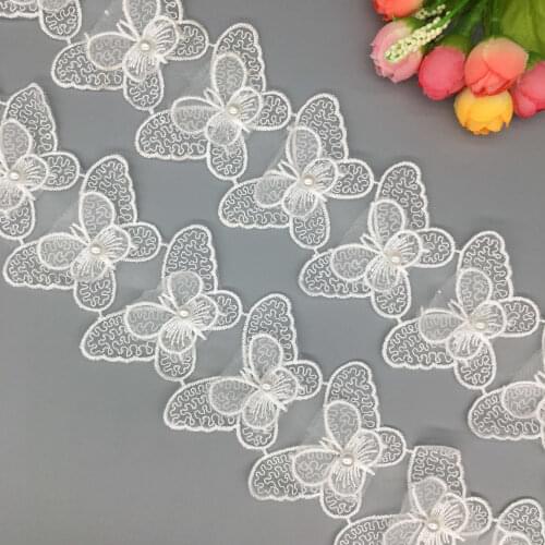 2 yards 3D Butterfly Pearl Embroidered Lace Trim Ribbon Applique Patches Wedding Dress French Fabric DIY Sewing Craft