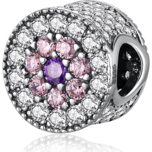 Authentic S925 Silver Bead DIY Jewelry Dazzling Floral Charm fit Lady Bracelet Bangle Clear CZ