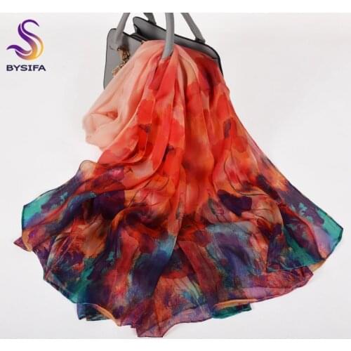 BYSIFA| Ladies Red 100% Silk Chiffon Scarf Shawl New Poppies Floral Style Women Long Scarves Summer Beach Shawl Winter Scarves