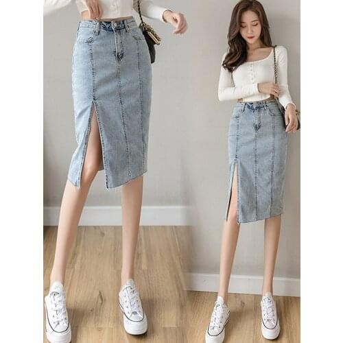 High Waist Denim Skirt Spring Summer Fashion Slit Slim Jean Skirt Lady Casual Midi Jeans Pencil Skirt