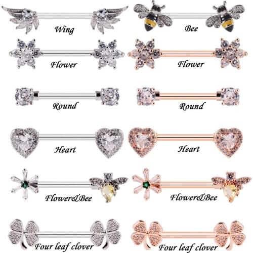 Pair 361L Surgical Steel Cz Flower Nipple Barbell Ring Bee Nipple Ring Nipple Shield 14G Tongue Piercing Body Jewelry