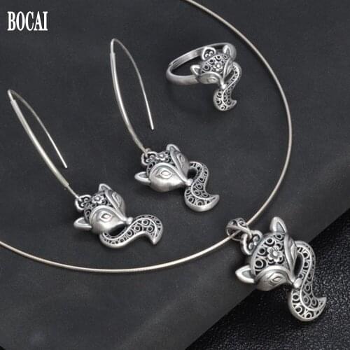 BOCAI real S990 pure silver simple fox ring fashion jewelry set temperament fashion woman ring