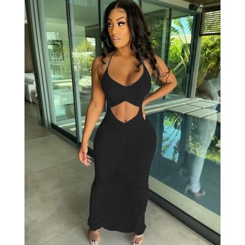 Summer Fashion Trend Womens Net Yarn Perspective Hollow Sexy Sling Solid Color Slit Dress Women