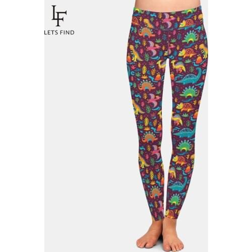 LETSFIND 220gsm Double Side Brushed Soft Milk Silk Print High Waist Plus Size Leggings Cartoon Style Dinosaurs Print Women Pants