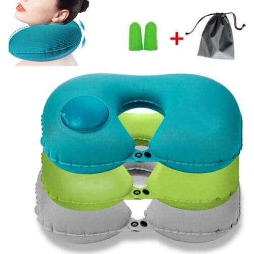 New U-Shape Inflatable Camping Pillow Travel Cervical Pillow With Pocket Earplug for Car Airplane Office Nap Air Neck Cushion