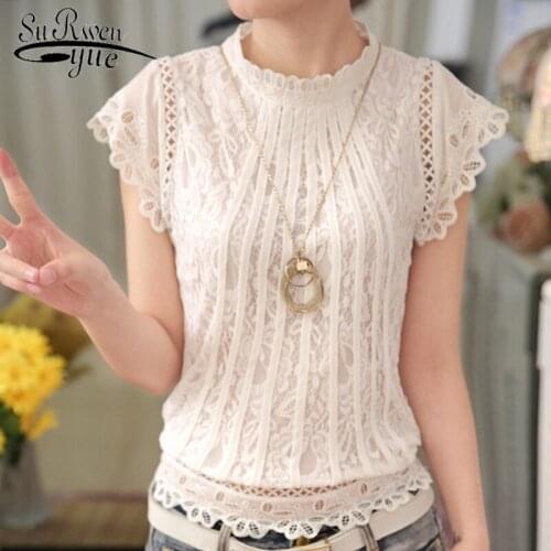 New Summer Solid White Chiffon Women Blouses Shirt Short Sleeves Plus Size Lace Womens Clothing Tops Sweet Blusas 01C 35