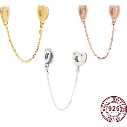 Original 925 Sterling Silver Three Color Heart With Crystal Cz Safety Chain Fit Pandora Women Bracelet & Necklace Diy Jewelry