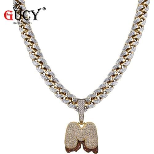GUCY Name Red Dripping Bubble Letters Necklaces&Pendant Gold Silver Color Micro Pave CZ Hip Hop 14mm Cuban Chain Necklace