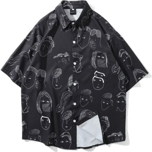 Japan Harajuku Style Sketch Character Print Casual Men Shirt Short Sleeve Stylish Korean Clothes For Teens Camisas De Hombre