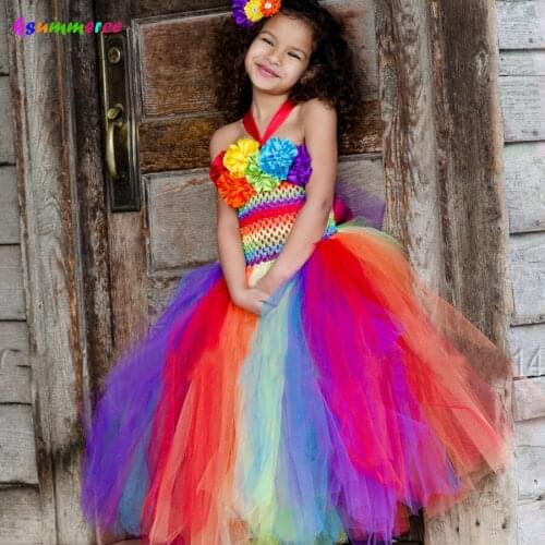 Ksummeree Rainbow Circus Clown Girls Tutu Dress Pageant Flower Kids Halloween Photo Props Costume Children Summer Dress TS079