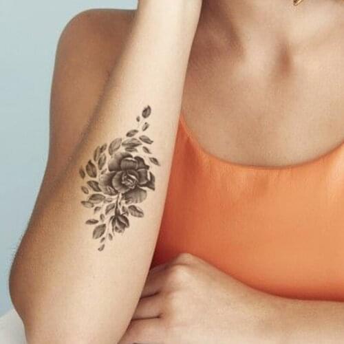 Realistic Sketch Flowers Waterproof Temporary Tattoo Sticker Black Rose Leaves Fake Tattoos Flash Tatoos Arm Body Art for Women
