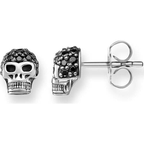 Silver Black CZ Pave Skull Stud Earrings, Fashion Thomas Style Punk Skeleton Ear Stud Earings Jewelry Bijoux Gift For Women