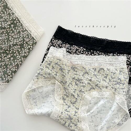 Wriufred Girly modal cotton floral underwear lace comfortable mid-high waist underpants triangle bag hip panties