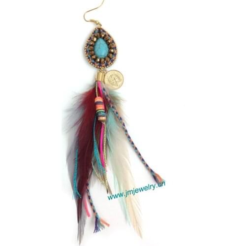 Wholesale handmade Ethnic jewellery vintage dangle feather earrings with tassel summer style nickel free earrings