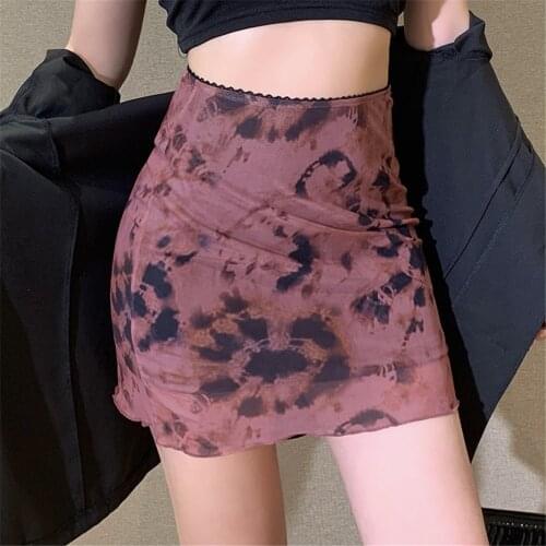 Women Fashion Mesh Bodycon High Waist Tie Dye Print Lettuce Trim Slim Pencil Mini Skirt Spring Summer Street Style Bottoms Daily
