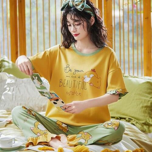 Womens Pajamas Cotton Sleepwear Short Sleeve Sleep Tops Trousers Home Clothes Korean Thin Home Clothes Pajama Underwear H1345