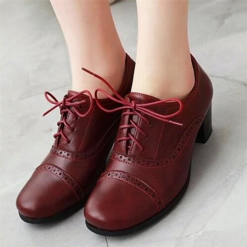 2019 Vintage Lace Up Women Pumps Spring Oxford Shoes Chunky Heel High Heels Fashion Elegant Brogue Shoes Black Brown Size10