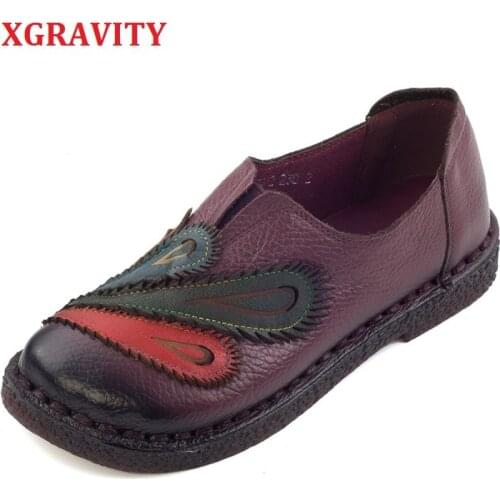 XGRAVITY Dropshipping 3 Colors Lady Genuine Leather Ethnic Hand Made Woman Shoes Elegant Soft Spring Vintage Women Shoes A024