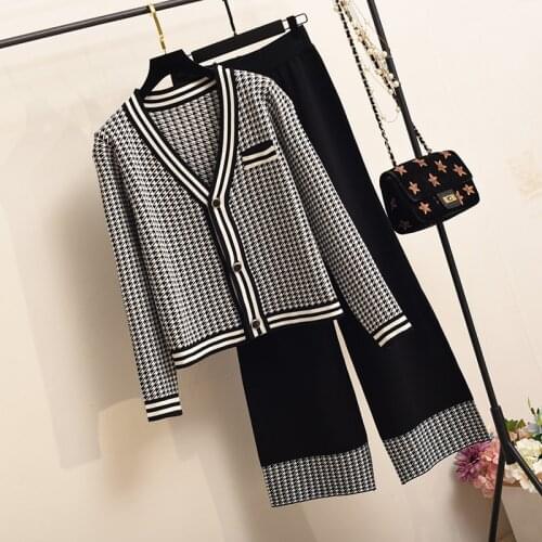 2020 Autumn Knit 2 Piece Set Women Houndstooth Cardigan Sweater + Wide-Leg Pants Two Piece Outfits Women Crop Top Trousers Suits