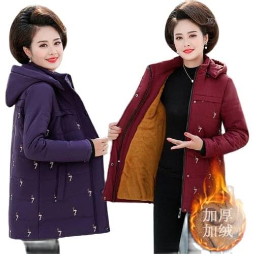 Womens Cotton Coat Winter Jackets Mid-Long Hooded Printed Jacket Thick Warm Parkas Overcoat Plus Size 5XL Mother Dress 2019