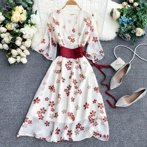 2020 summer Vintage Short Sleeve Women Floral Dresses Retro Woman Sweet Floral Chiffon Dress Summer Chiffon Dress