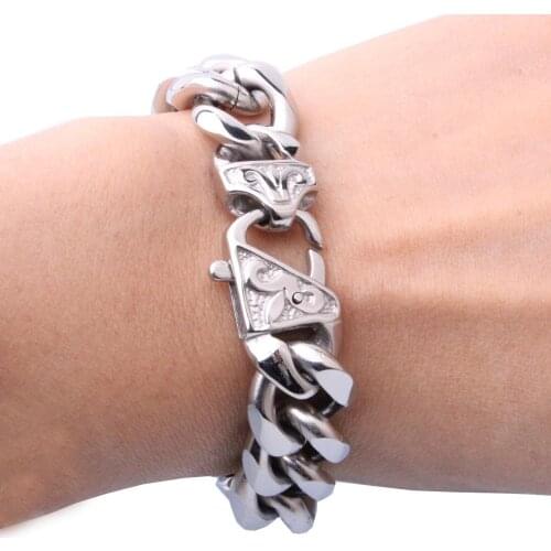 13/15MM Waterproof Silver Color Cuban Curb Chain Mens Womens Stainless Steel Cool Buckle Fashion Bracelet Bangle 7-11" Hotsale