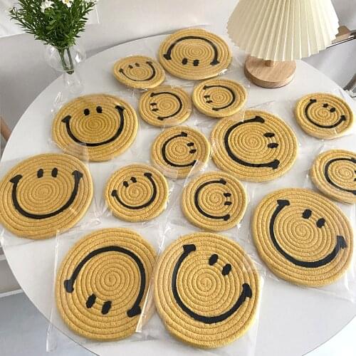 18/12cm Ins Smile Face Hand-made Drink Cup Mat for Kitchen Round Heat Resistant Dining Table Insulation pad and Home Decoration
