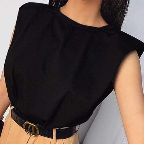 2021 Summer Shoulder Padding Shirt Women Vintage Fashion Niche Trendy Shoulder Padded Vest Top Solid Black White Casual Tank Tee