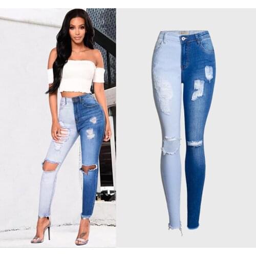 Spring Autumn Women Ripped Patchwork Jeans Fashion Knee Hole Color Matching Stretch Denim Pencil Pants Femme Casual Skinny Jeans