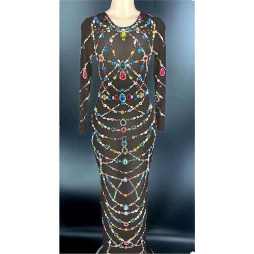 High Elastic Sexy Women Rhinestones Transparent Long Dress Bar Birthday Celebrate Outfit Singer Dance Dress Prom Dance Wear