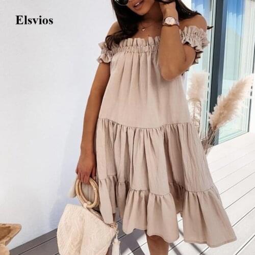 Elegant Lady Pleated Ruffle Summer Dress Women Sexy Off Shoulder Party Dress Fashion Casual Slash Neck Loose Mini Dress Vestidos