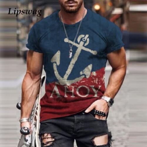 Summer Mens Clothes Fashion Letter Anchor Printed T-Shirt Men Fashion Short Sleeve O-Neck Tee Shirts Vintage Loose Tops Pullover