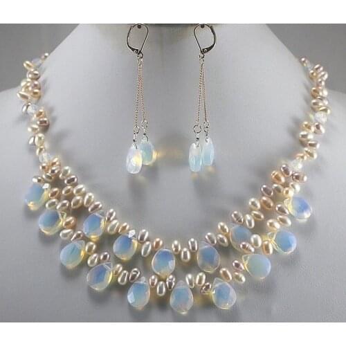 Hot sale Big Sale! Fashion Light Blue Fire Opal and Fresh Water Pearl Necklace Set