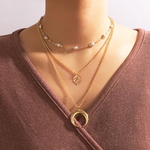 HuangTang Boho Moon Leaf Pendant Necklace for Women Trendy Multilayer Pearl Clavicle Chain Charms Jewelry Weddings Gift 17621